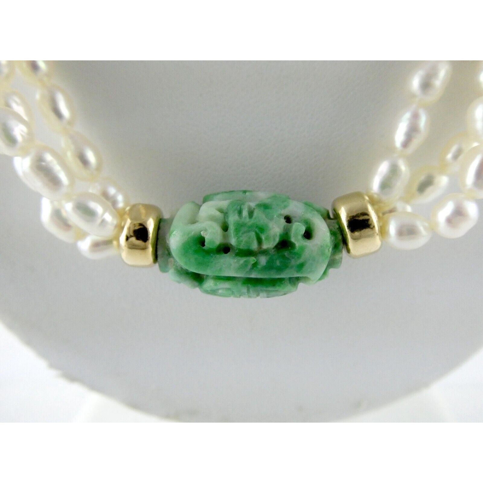 14k Gold Triple Cultured Pearl Strand and Carved Jade Bead Necklace 23.5 Inches