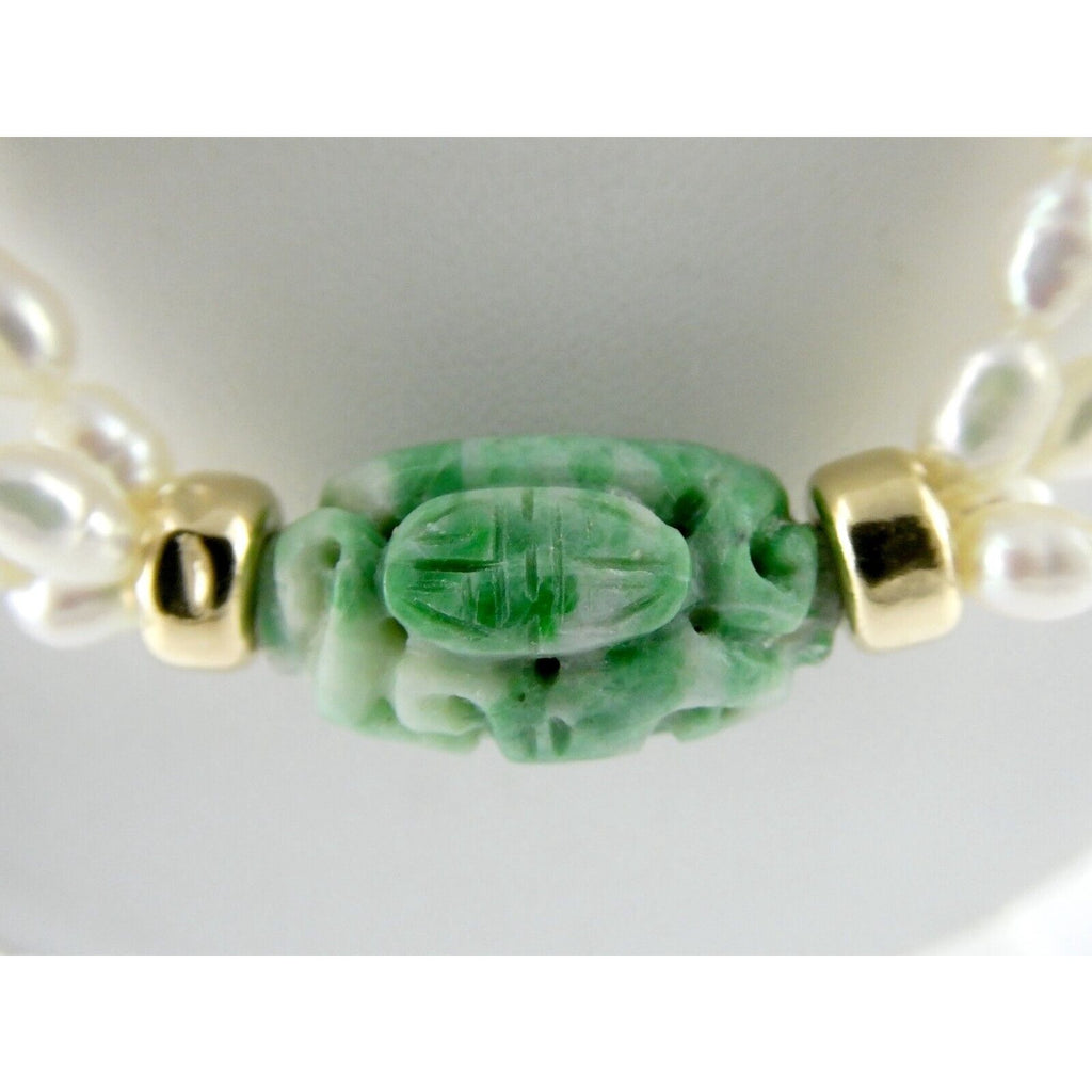 14k Gold Triple Cultured Pearl Strand and Carved Jade Bead Necklace 23.5 Inches