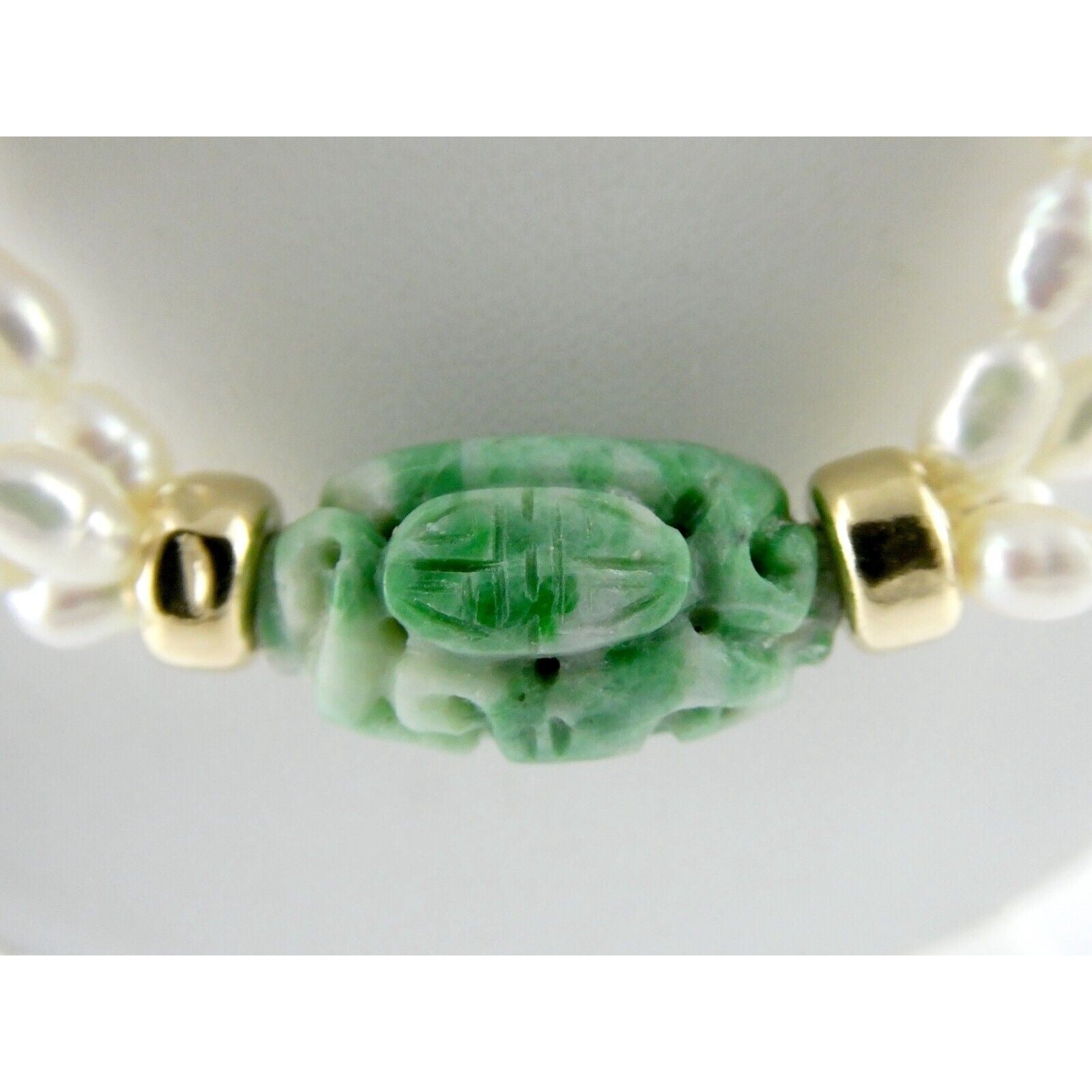 14k Gold Triple Cultured Pearl Strand and Carved Jade Bead Necklace 23.5 Inches