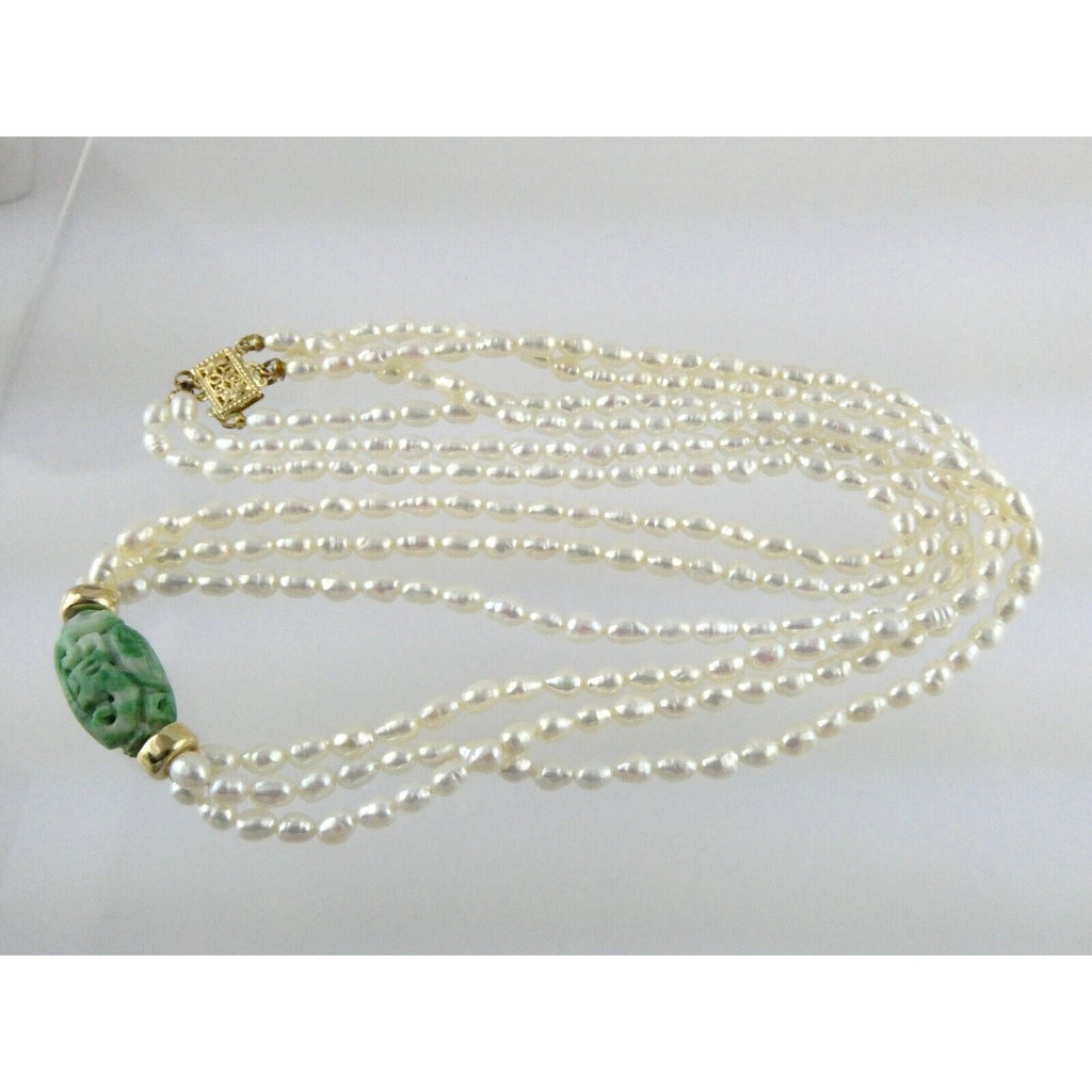14k Gold Triple Cultured Pearl Strand and Carved Jade Bead Necklace 23.5 Inches