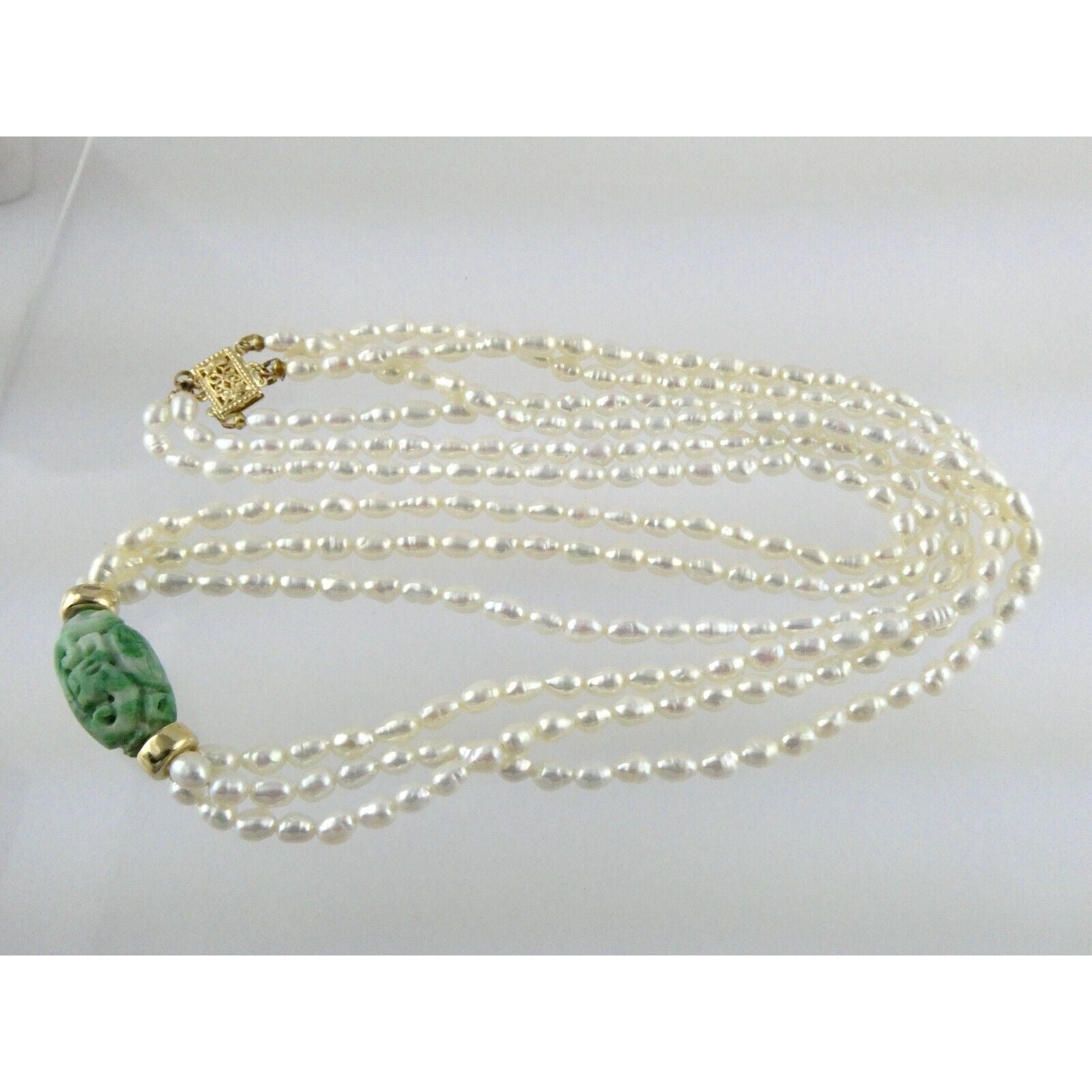 14k Gold Triple Cultured Pearl Strand and Carved Jade Bead Necklace 23.5 Inches