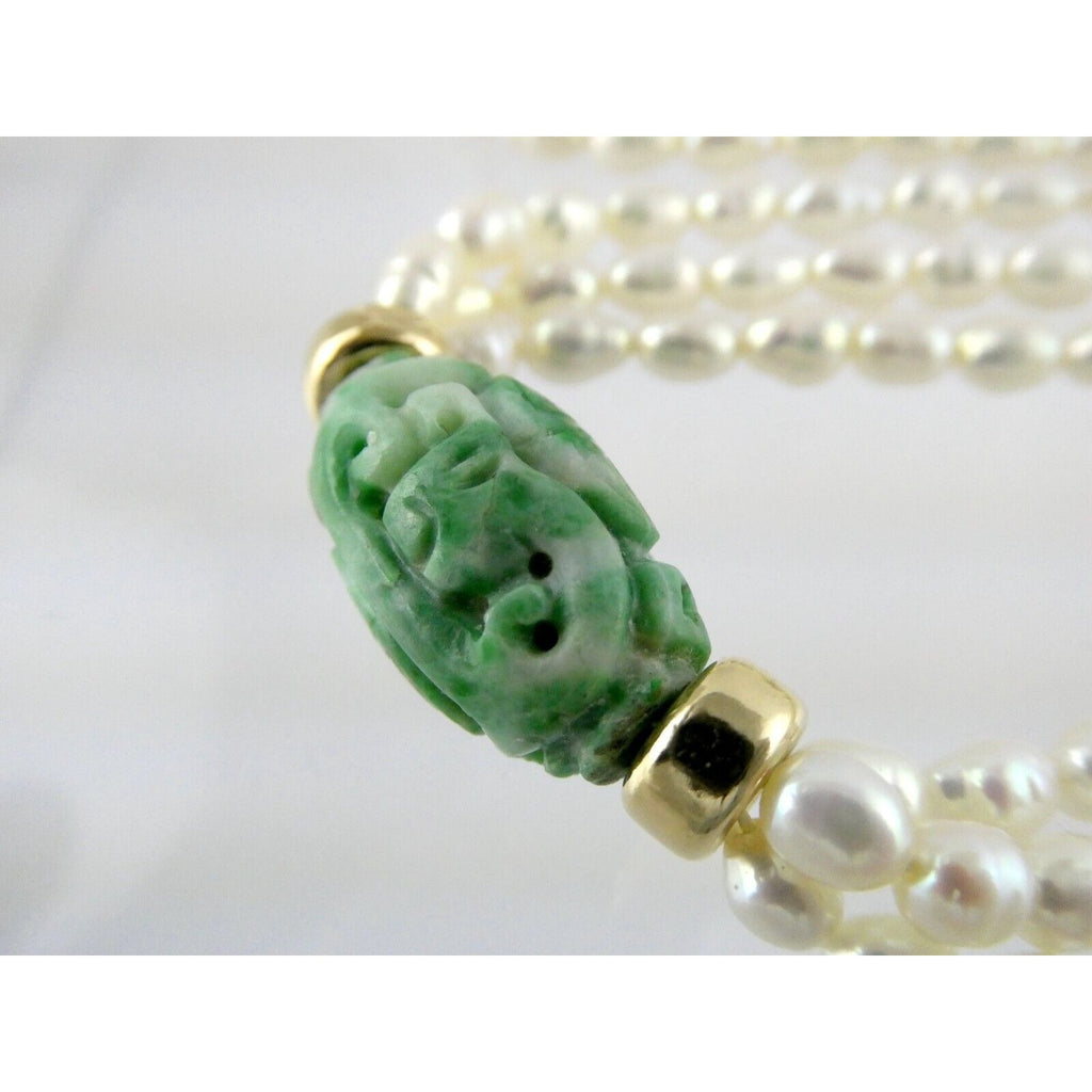 14k Gold Triple Cultured Pearl Strand and Carved Jade Bead Necklace 23.5 Inches
