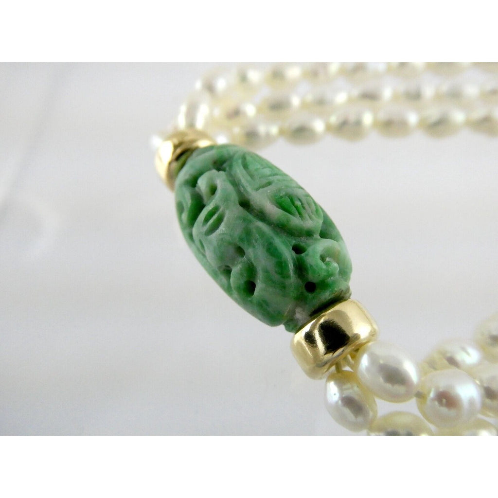 14k Gold Triple Cultured Pearl Strand and Carved Jade Bead Necklace 23.5 Inches