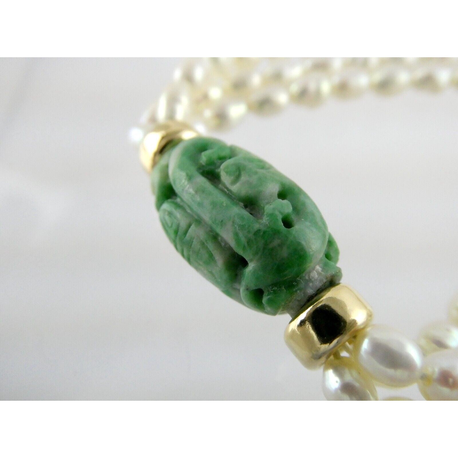 14k Gold Triple Cultured Pearl Strand and Carved Jade Bead Necklace 23.5 Inches