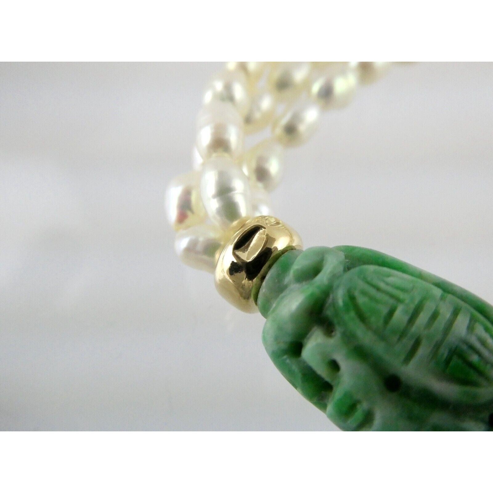 14k Gold Triple Cultured Pearl Strand and Carved Jade Bead Necklace 23.5 Inches