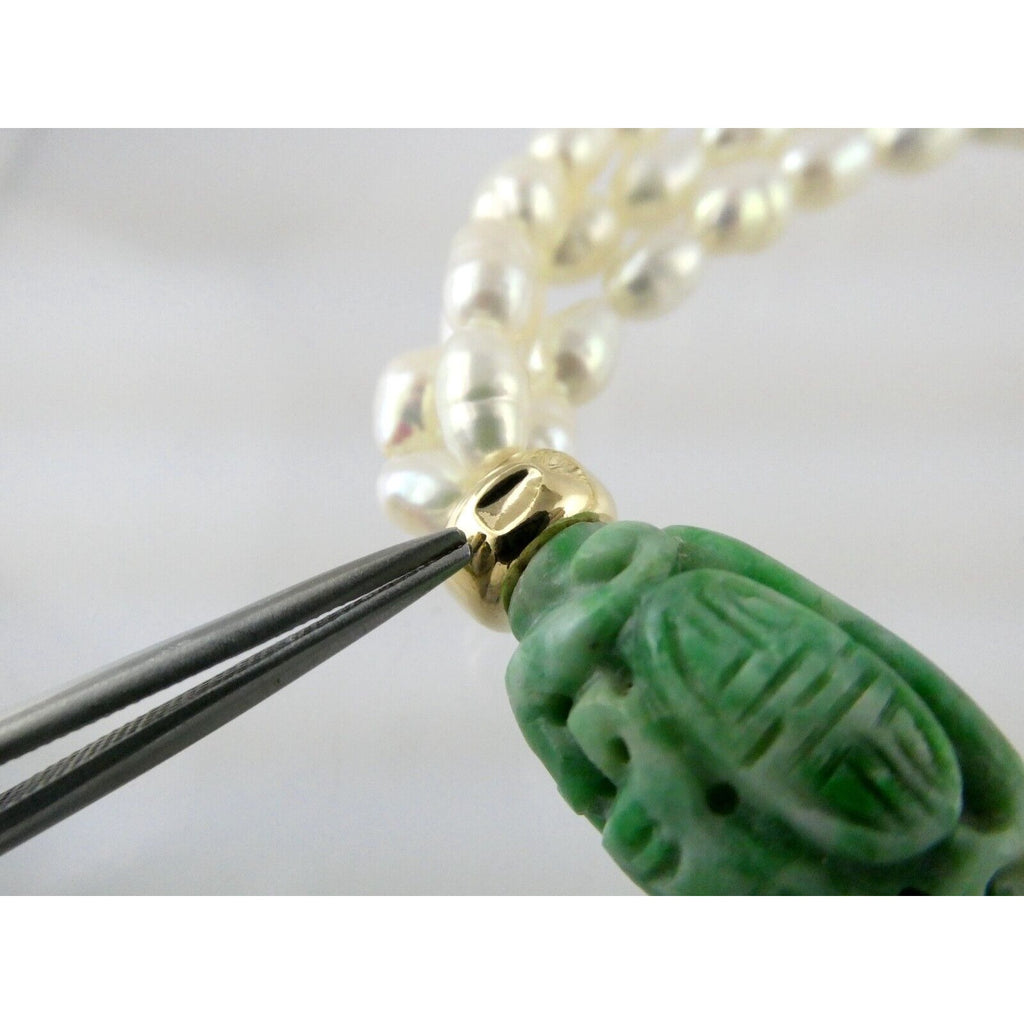 14k Gold Triple Cultured Pearl Strand and Carved Jade Bead Necklace 23.5 Inches