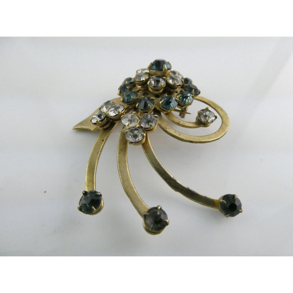 Vintage Unsigned Goldtone Metal Blue and White Rhinestone Floral Pin Pendant 13g