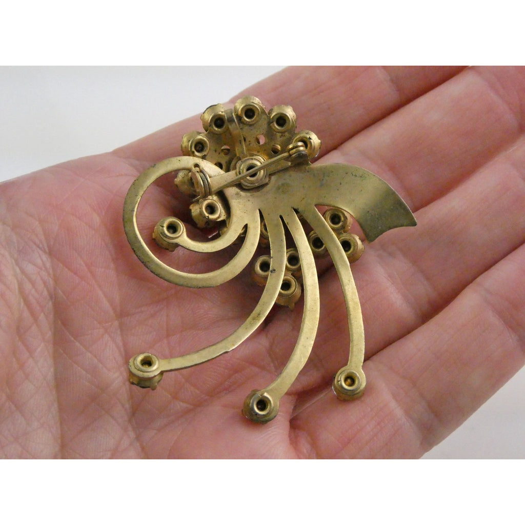 Vintage Unsigned Goldtone Metal Blue and White Rhinestone Floral Pin Pendant 13g