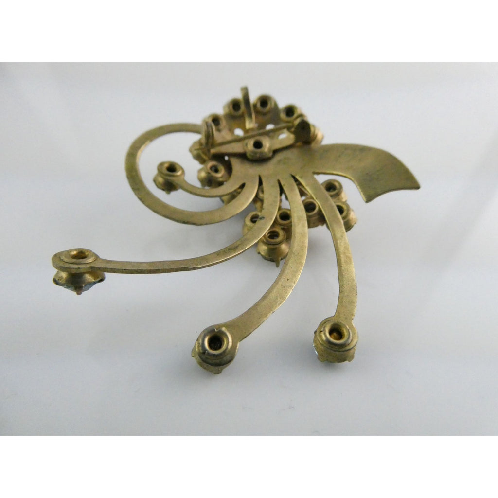 Vintage Unsigned Goldtone Metal Blue and White Rhinestone Floral Pin Pendant 13g
