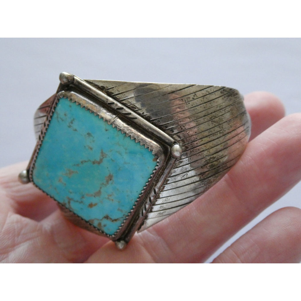 Vintage Southwestern Sterling Silver Turquoise Cuff Bracelet Handmade USA 6.25In
