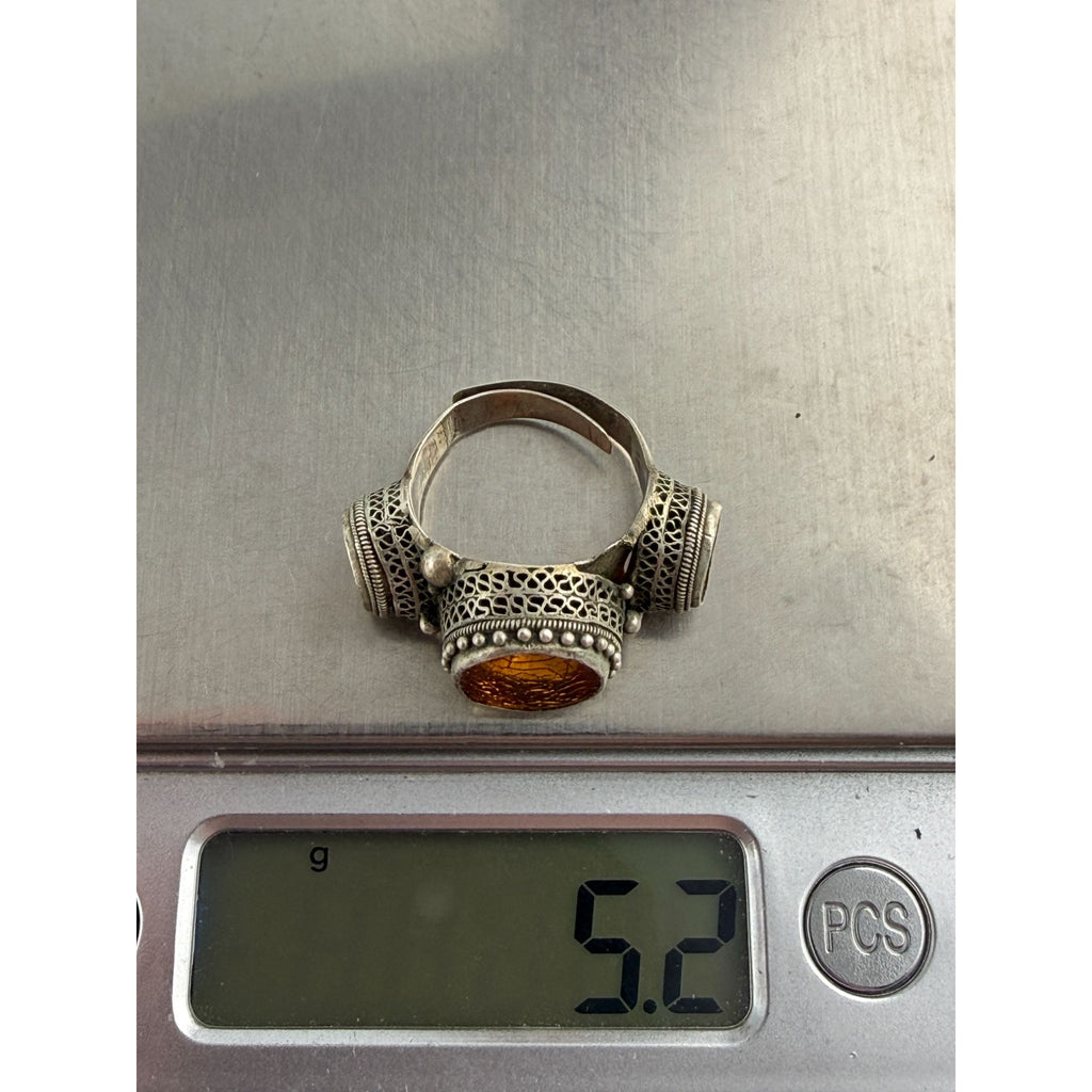 Vintage Chinese Export Sterling Silver Crackled Amber Resin Adjustable Ring 5g