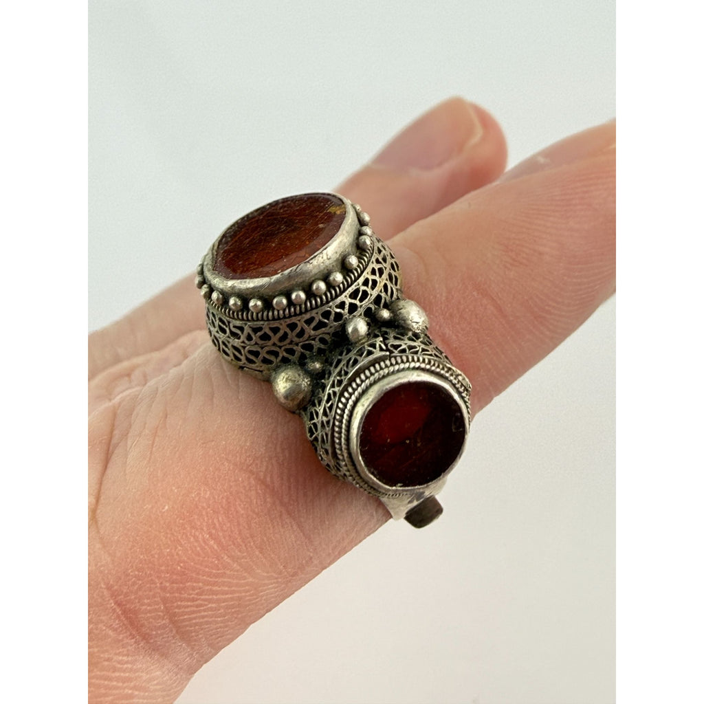 Vintage Chinese Export Sterling Silver Crackled Amber Resin Adjustable Ring 5g