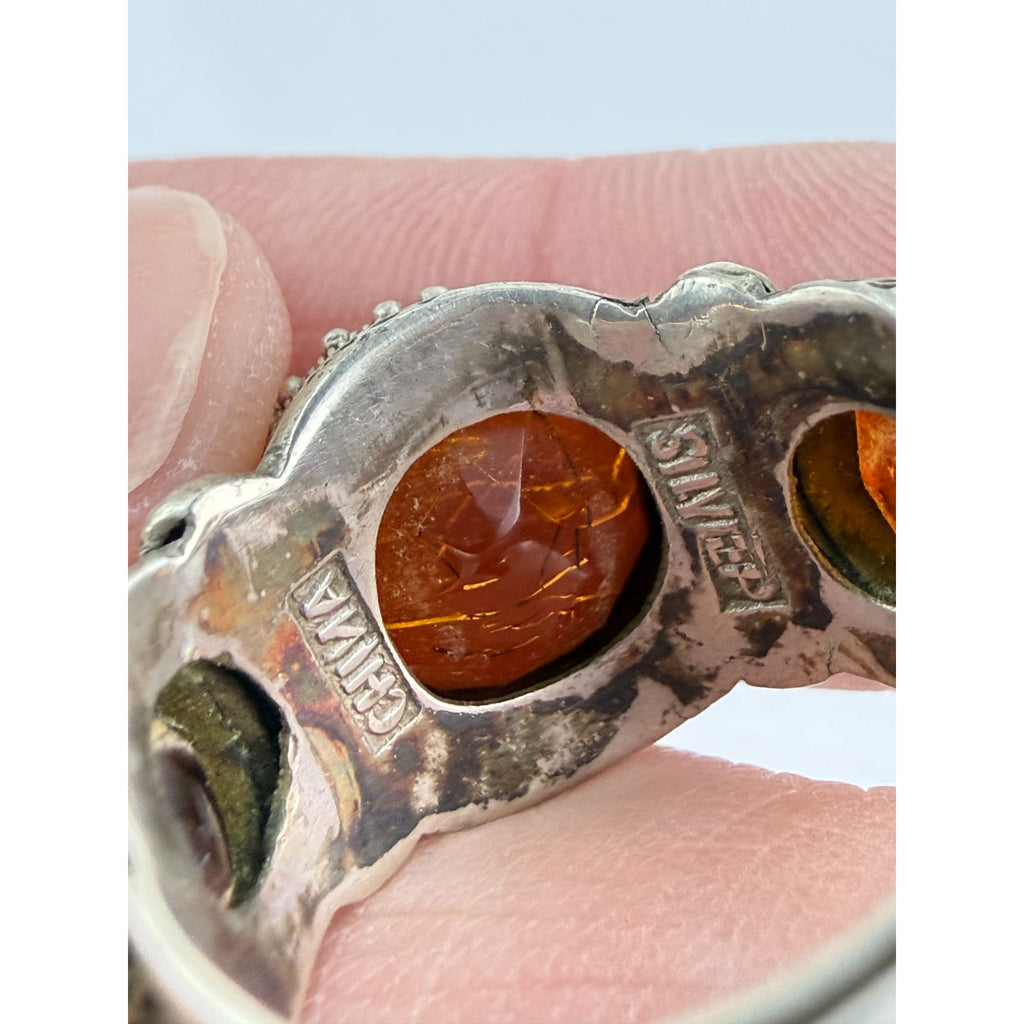Vintage Chinese Export Sterling Silver Crackled Amber Resin Adjustable Ring 5g