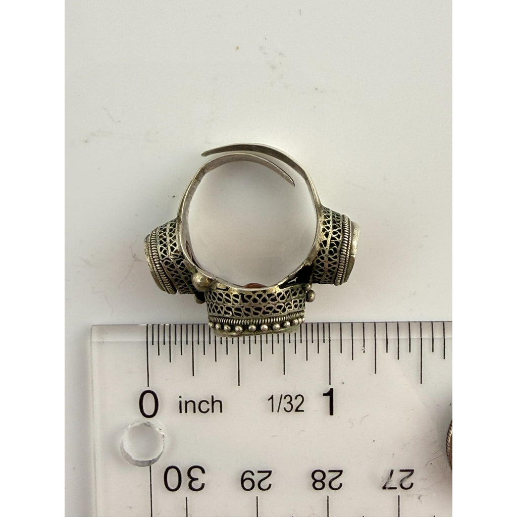 Vintage Chinese Export Sterling Silver Crackled Amber Resin Adjustable Ring 5g