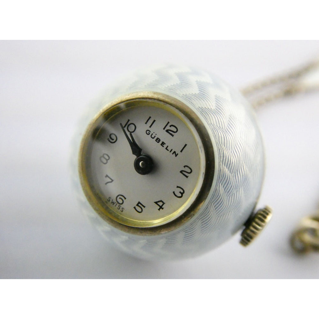 Gubelin Swiss White Guilloche Enamel Watch Necklace Sterling Silver WORKING 30g
