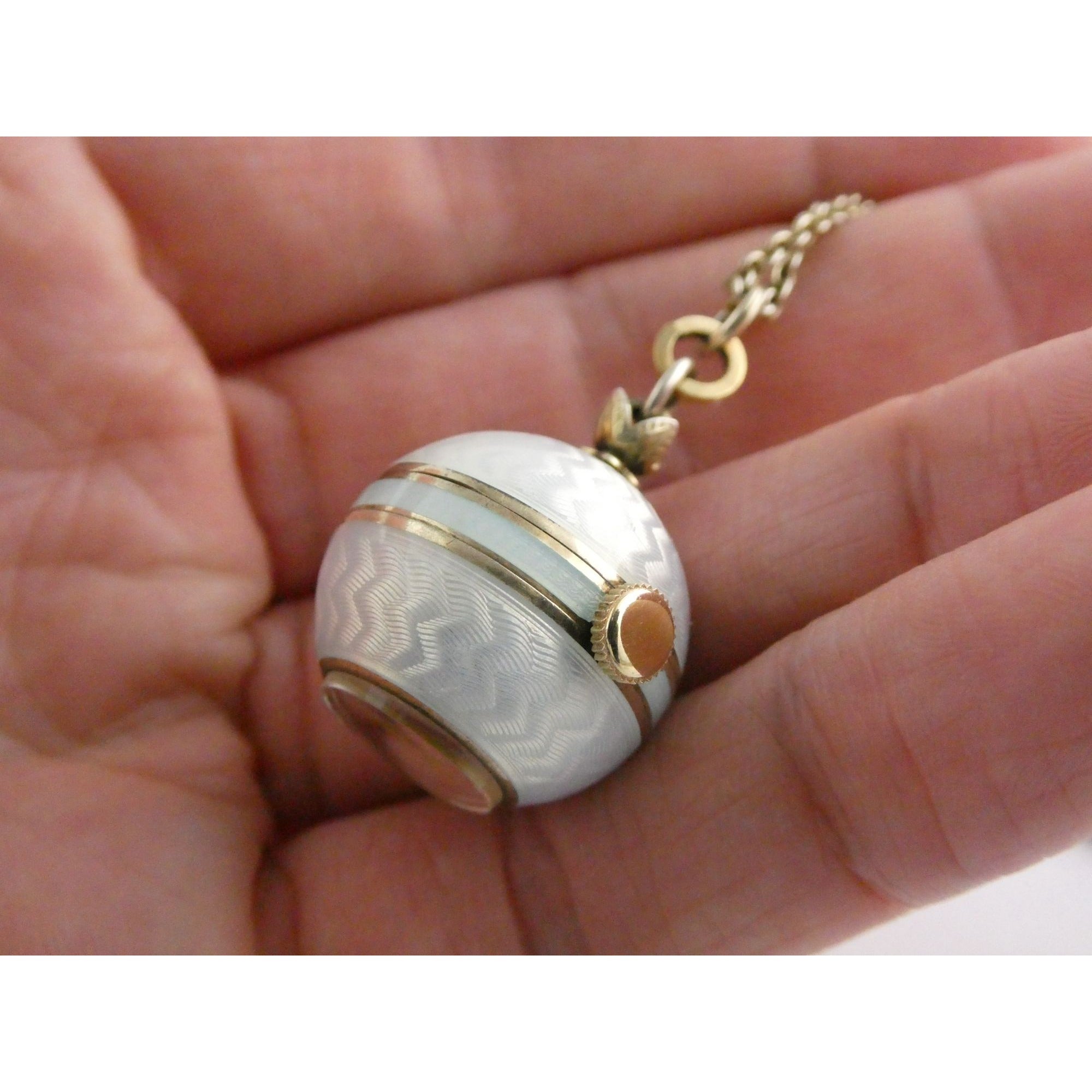 Gubelin Swiss White Guilloche Enamel Watch Necklace Sterling Silver WORKING 30g