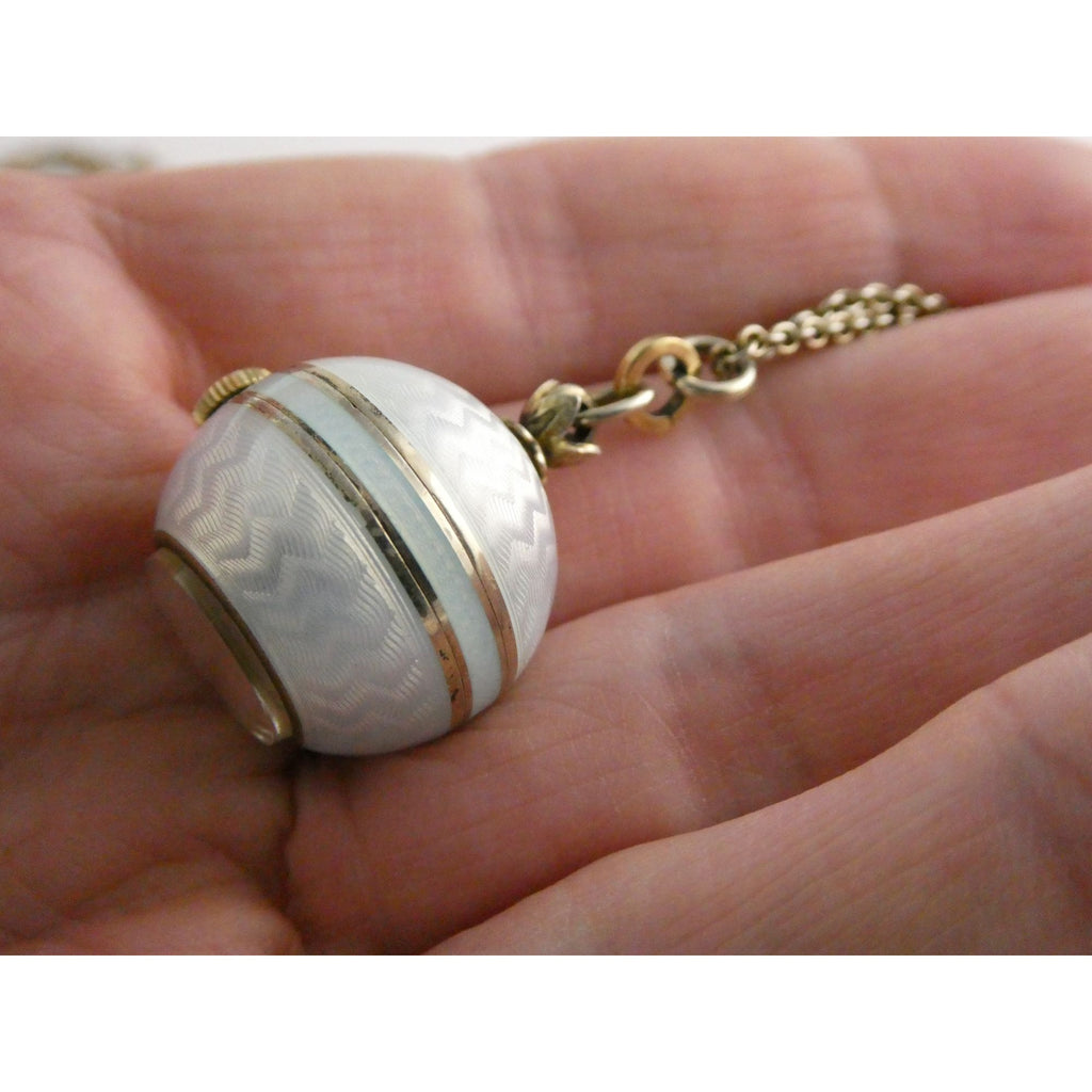 Gubelin Swiss White Guilloche Enamel Watch Necklace Sterling Silver WORKING 30g