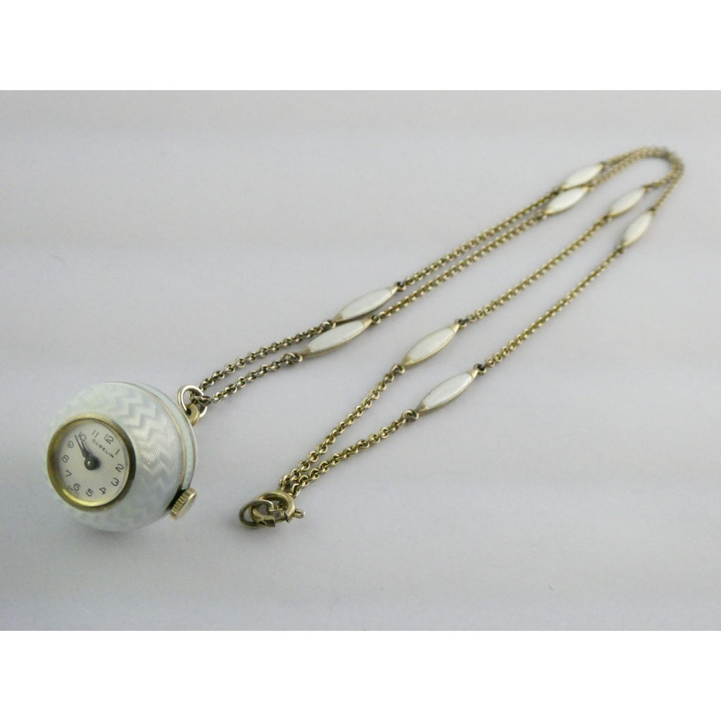 Gubelin Swiss White Guilloche Enamel Watch Necklace Sterling Silver WORKING 30g