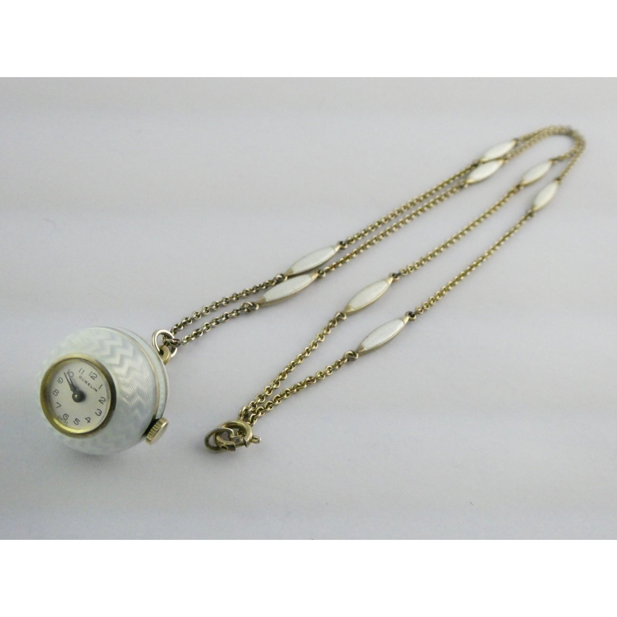 Gubelin Swiss White Guilloche Enamel Watch Necklace Sterling Silver WORKING 30g