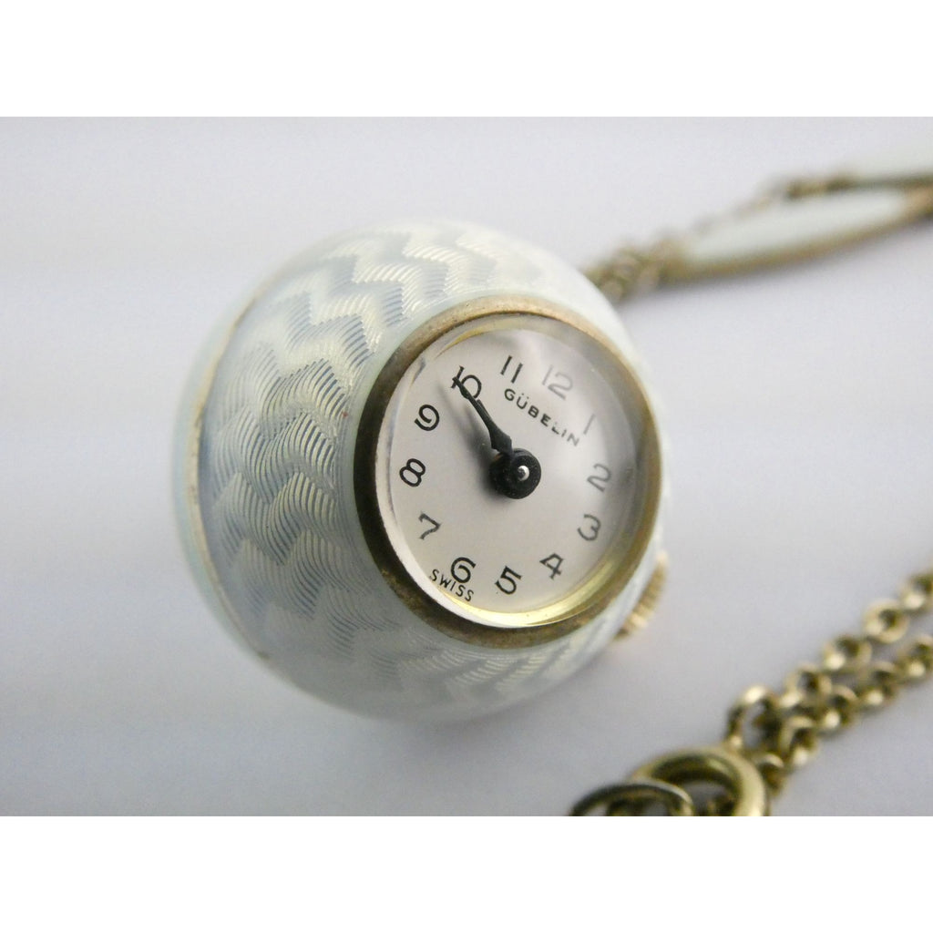 Gubelin Swiss White Guilloche Enamel Watch Necklace Sterling Silver WORKING 30g