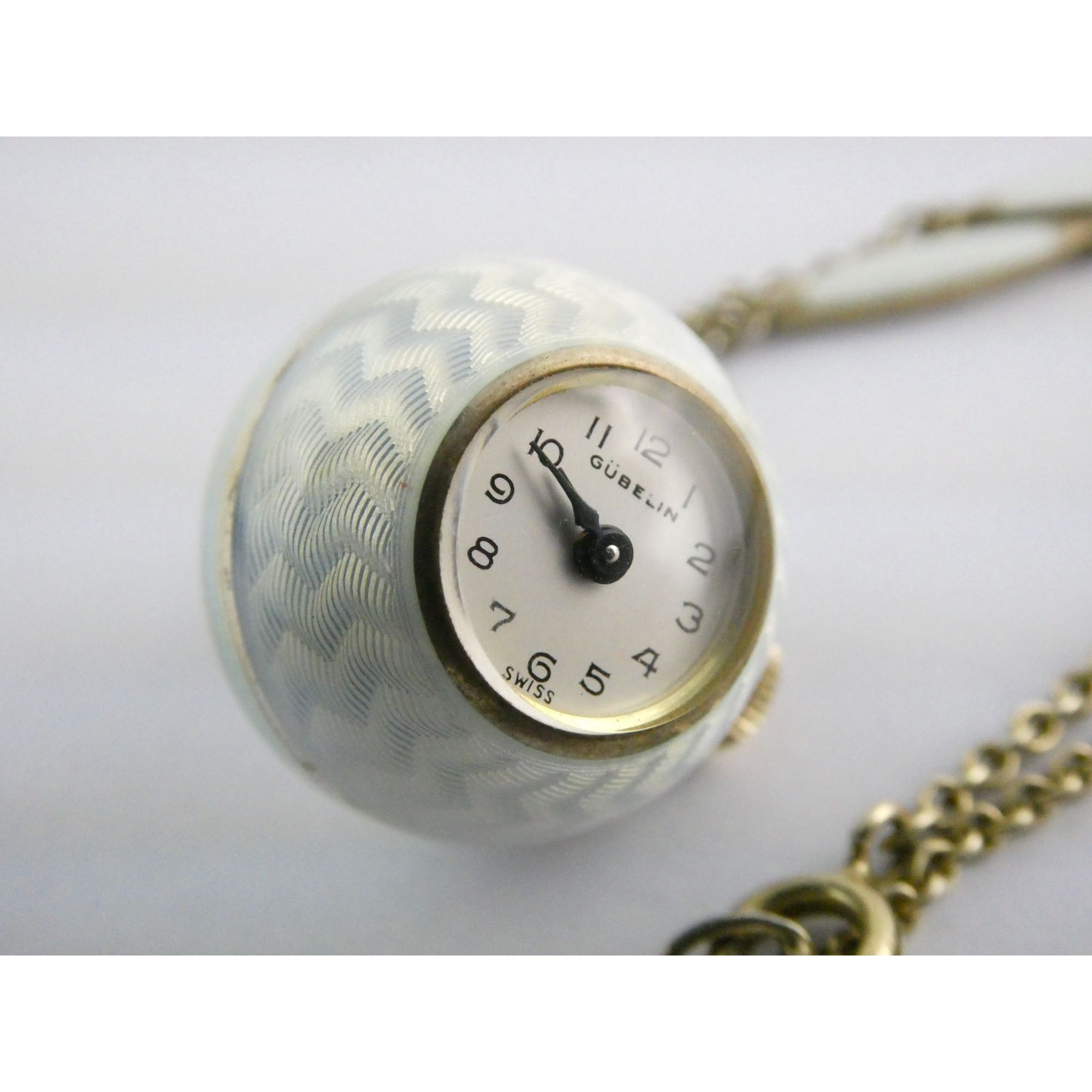Gubelin Swiss White Guilloche Enamel Watch Necklace Sterling Silver WORKING 30g