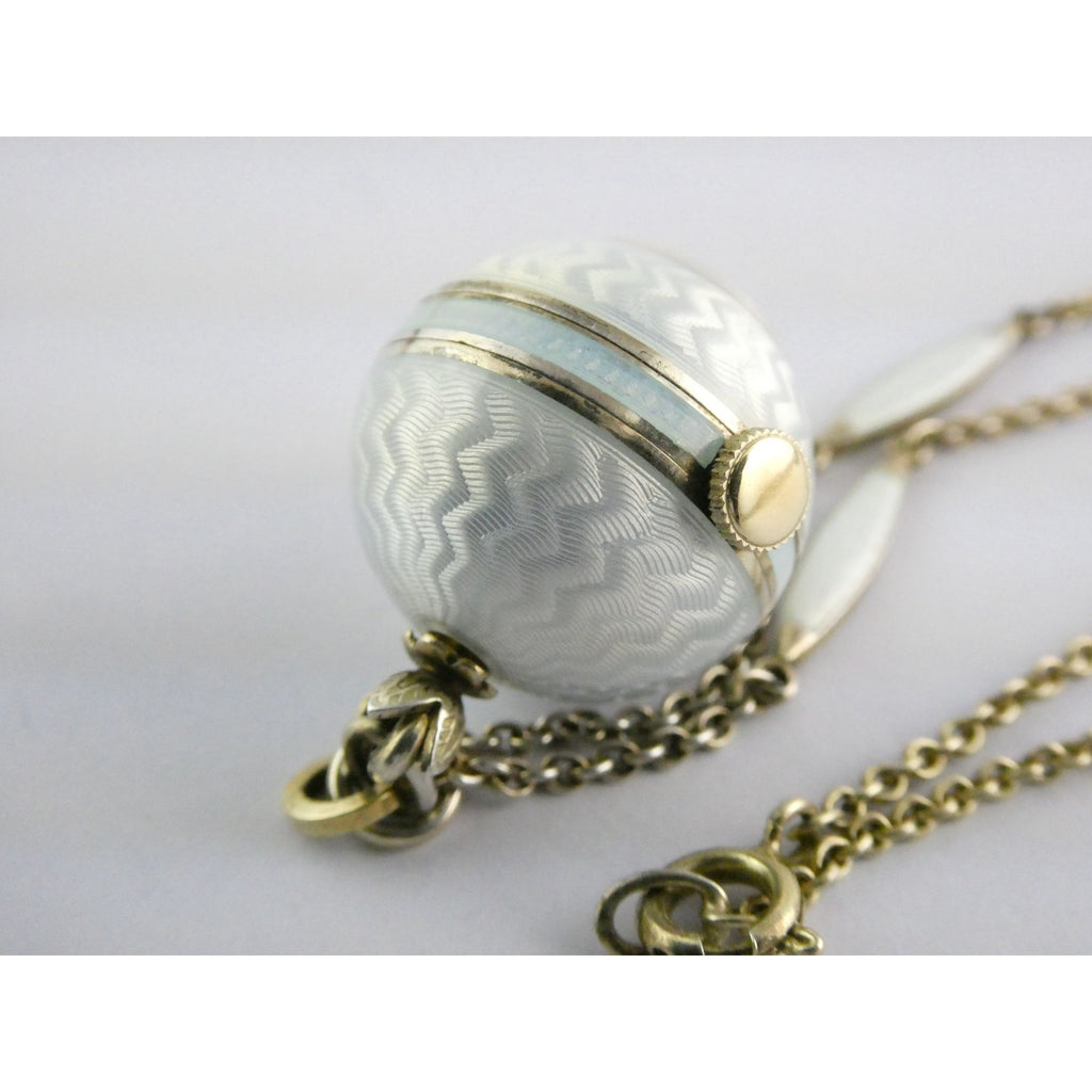 Gubelin Swiss White Guilloche Enamel Watch Necklace Sterling Silver WORKING 30g