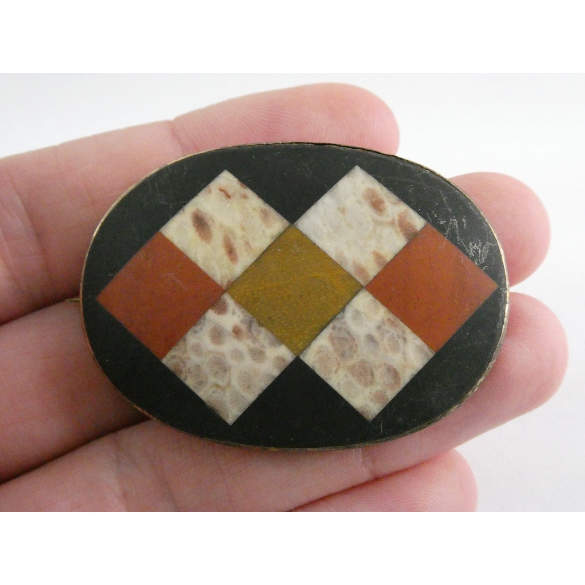 Antique Victorian Sterling Silver Scottish Agate Quilted Inlay Pin Brooch 20.3g