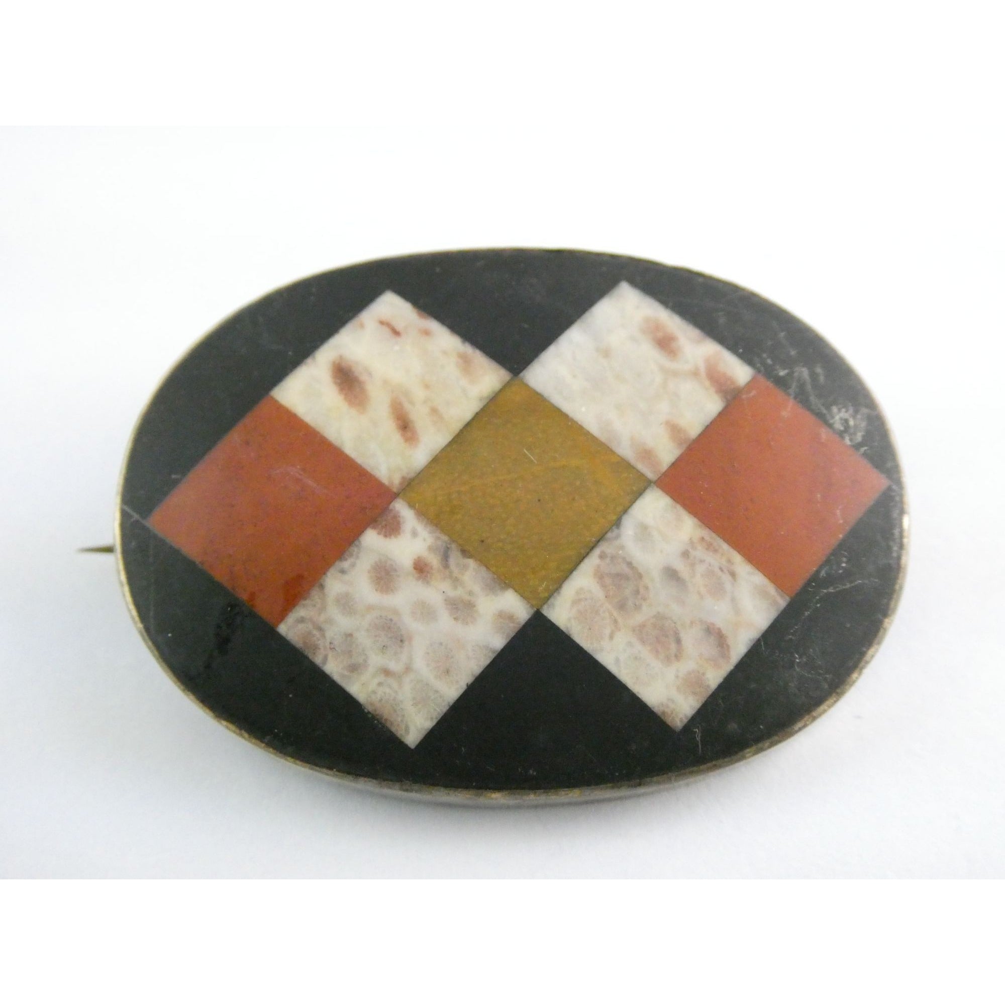 Antique Victorian Sterling Silver Scottish Agate Quilted Inlay Pin Brooch 20.3g