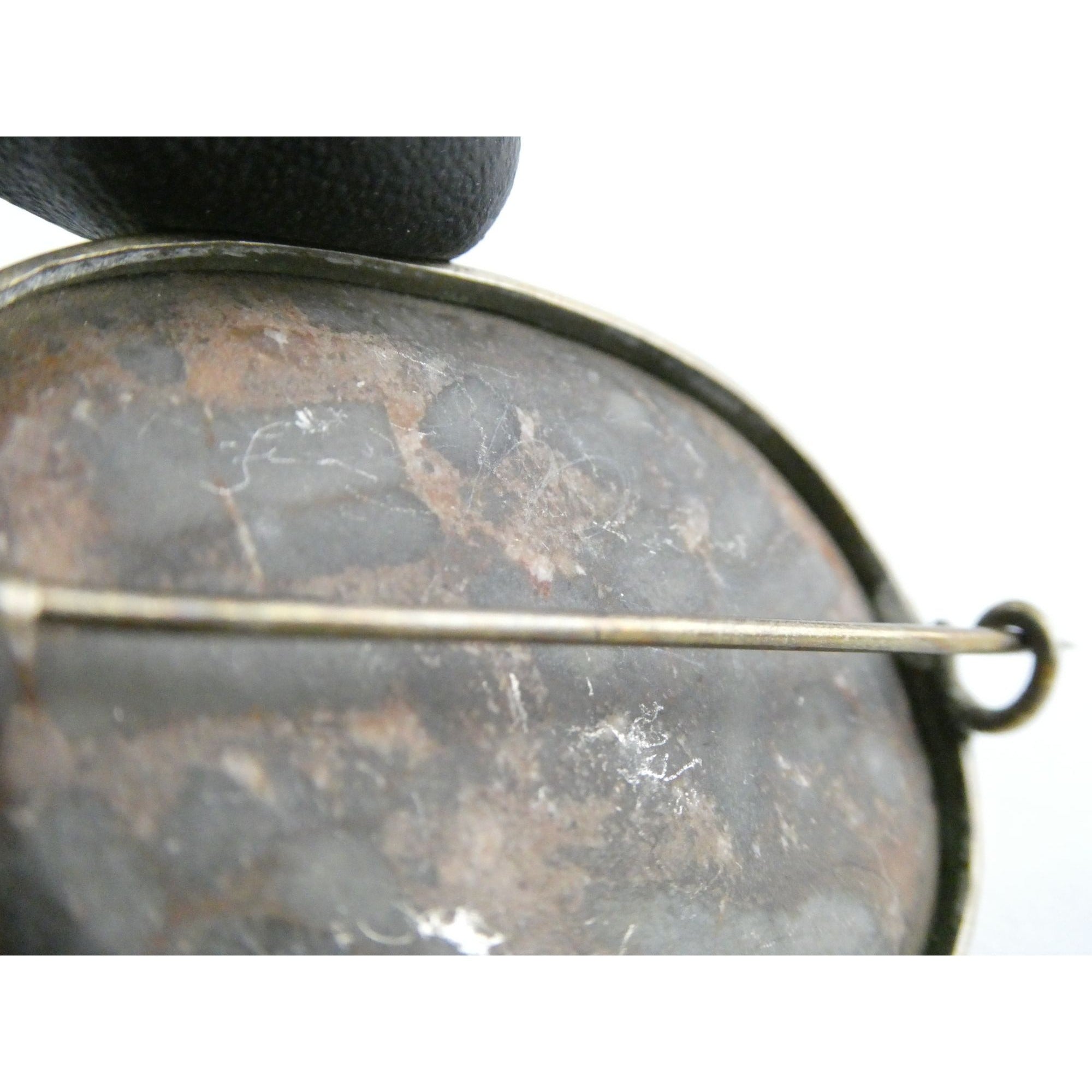 Antique Victorian Sterling Silver Scottish Agate Quilted Inlay Pin Brooch 20.3g