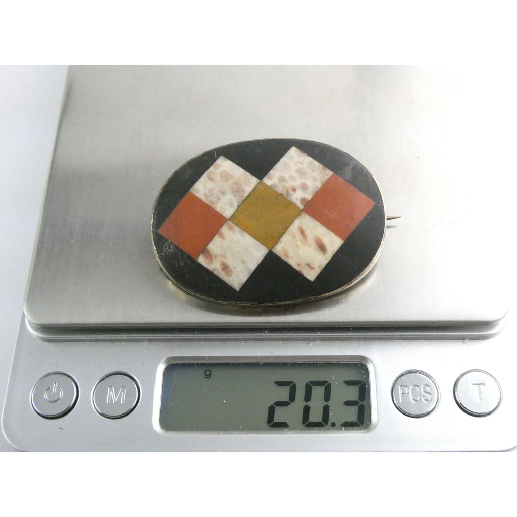 Antique Victorian Sterling Silver Scottish Agate Quilted Inlay Pin Brooch 20.3g