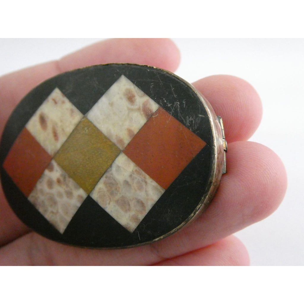 Antique Victorian Sterling Silver Scottish Agate Quilted Inlay Pin Brooch 20.3g