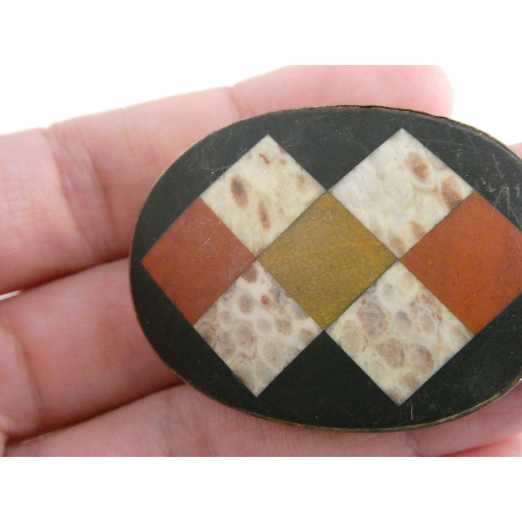 Antique Victorian Sterling Silver Scottish Agate Quilted Inlay Pin Brooch 20.3g