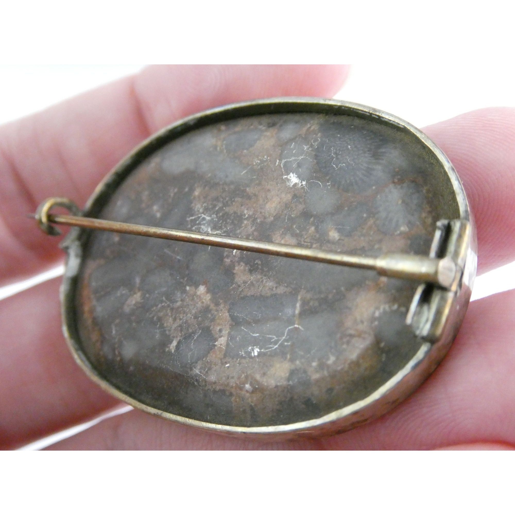 Antique Victorian Sterling Silver Scottish Agate Quilted Inlay Pin Brooch 20.3g