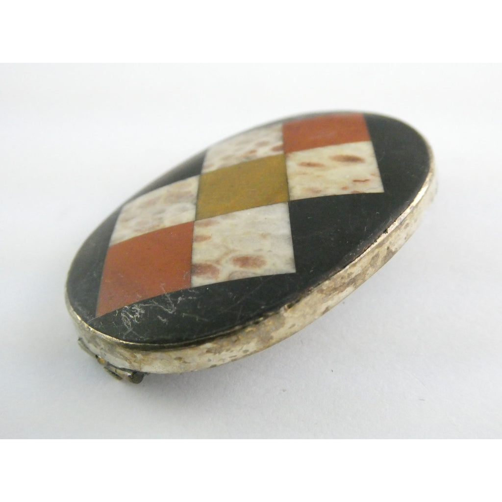 Antique Victorian Sterling Silver Scottish Agate Quilted Inlay Pin Brooch 20.3g