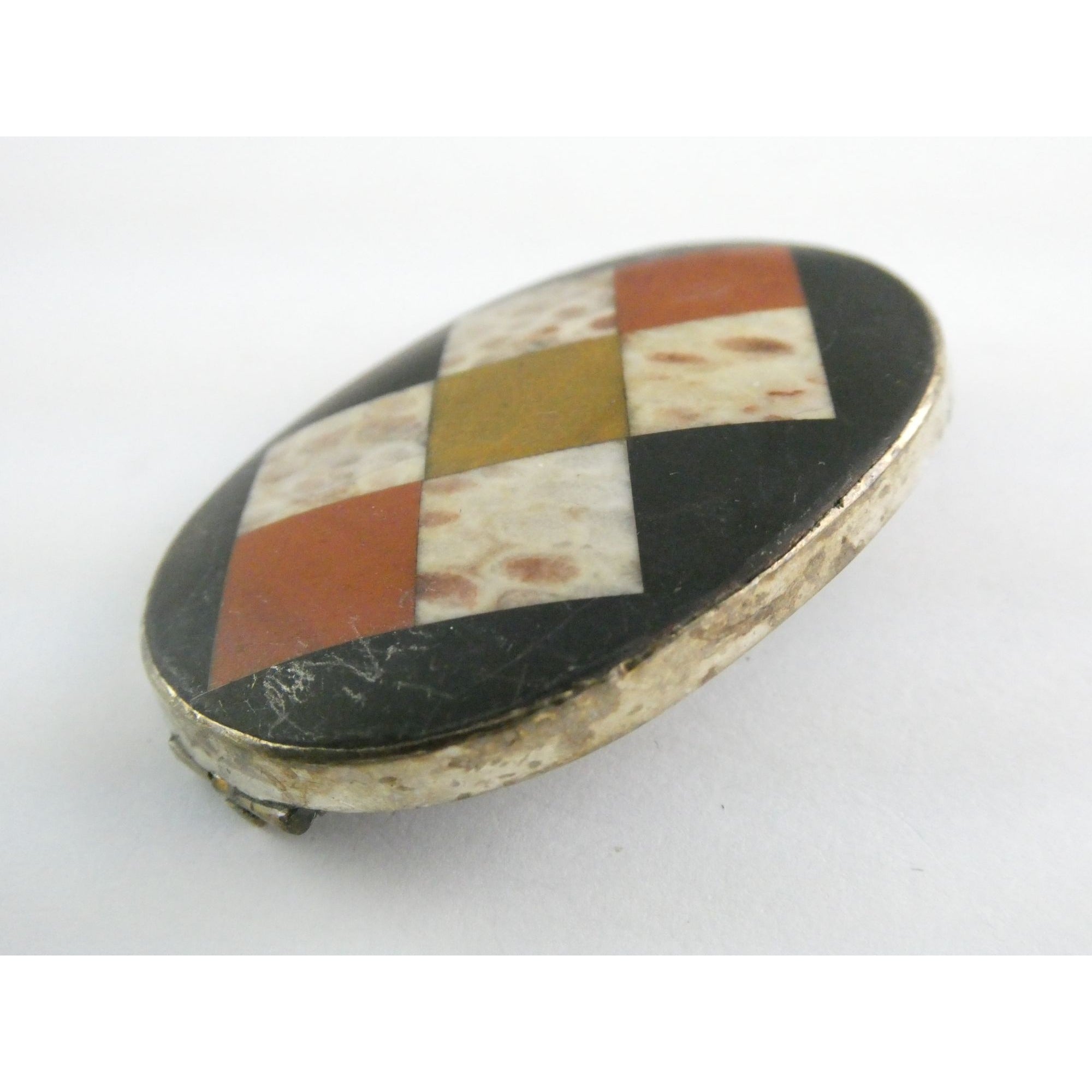 Antique Victorian Sterling Silver Scottish Agate Quilted Inlay Pin Brooch 20.3g