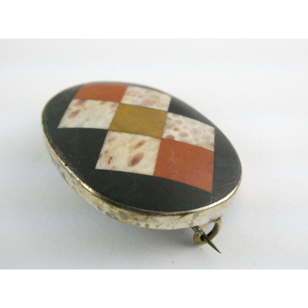 Antique Victorian Sterling Silver Scottish Agate Quilted Inlay Pin Brooch 20.3g