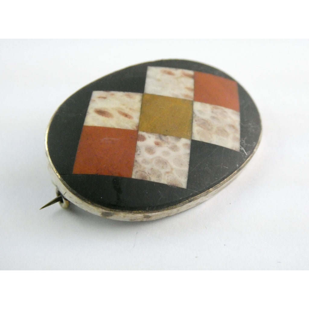 Antique Victorian Sterling Silver Scottish Agate Quilted Inlay Pin Brooch 20.3g