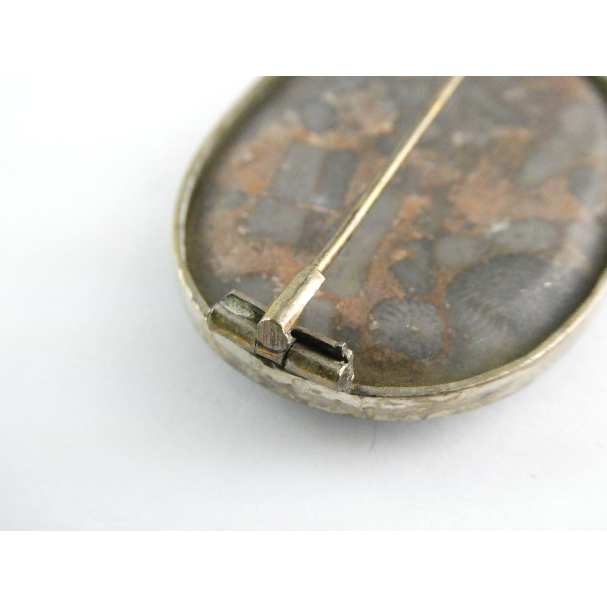 Antique Victorian Sterling Silver Scottish Agate Quilted Inlay Pin Brooch 20.3g