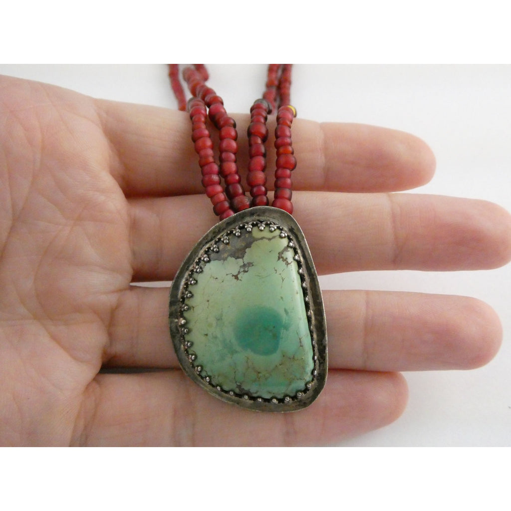 Sterling Silver Turquoise and Red Glass Beaded Multi Strand Necklace 43.1g 23 In