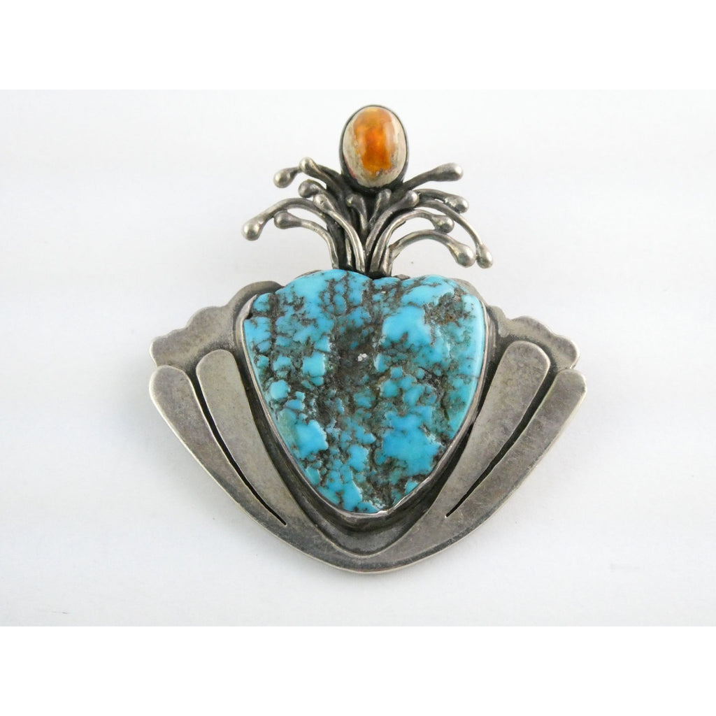 Vintage Artisan SKR Sterling Silver Mexican Fire Opal and Turquoise Brooch 27g
