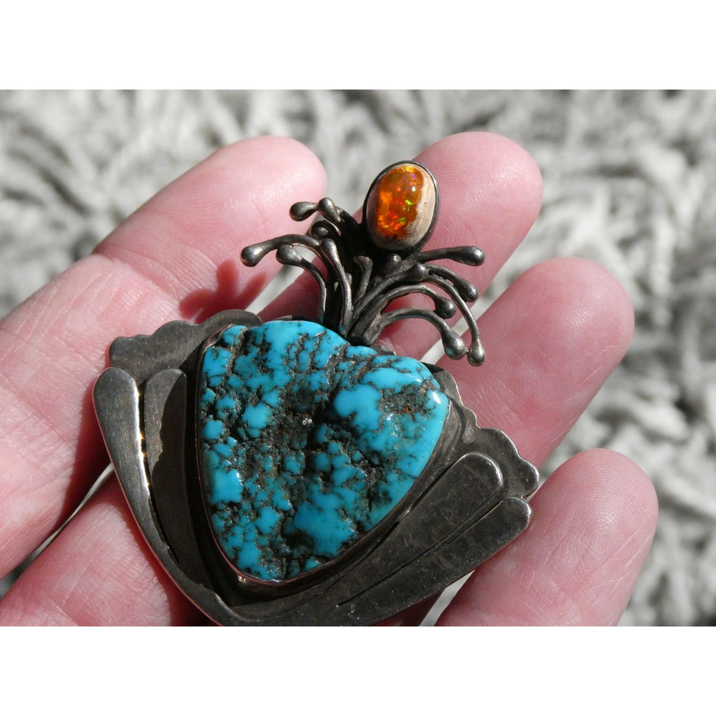 Vintage Artisan SKR Sterling Silver Mexican Fire Opal and Turquoise Brooch 27g