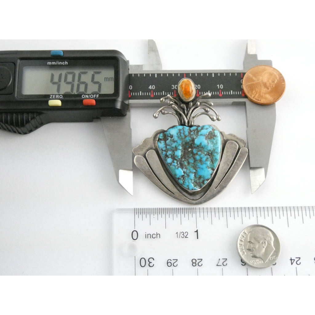 Vintage Artisan SKR Sterling Silver Mexican Fire Opal and Turquoise Brooch 27g