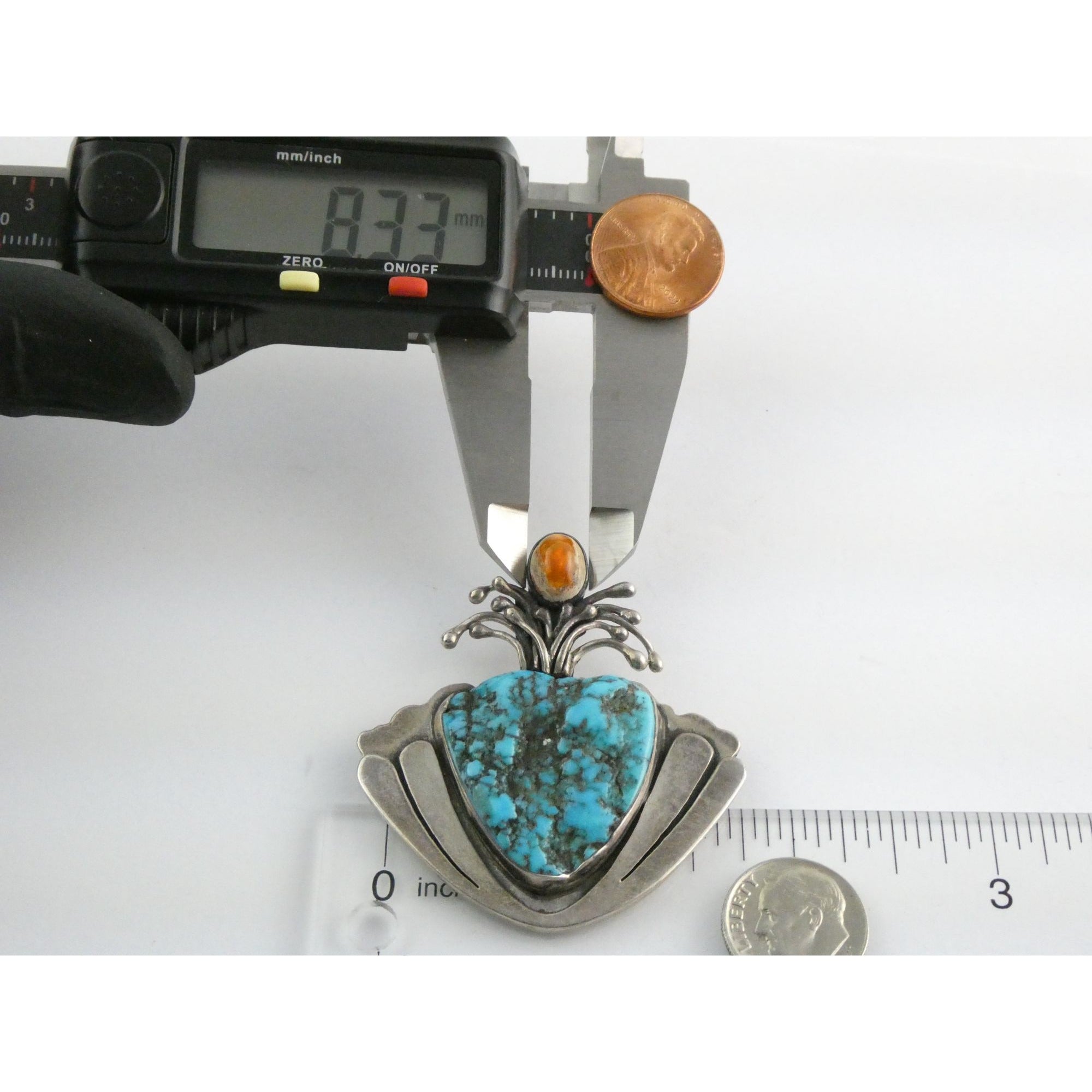 Vintage Artisan SKR Sterling Silver Mexican Fire Opal and Turquoise Brooch 27g