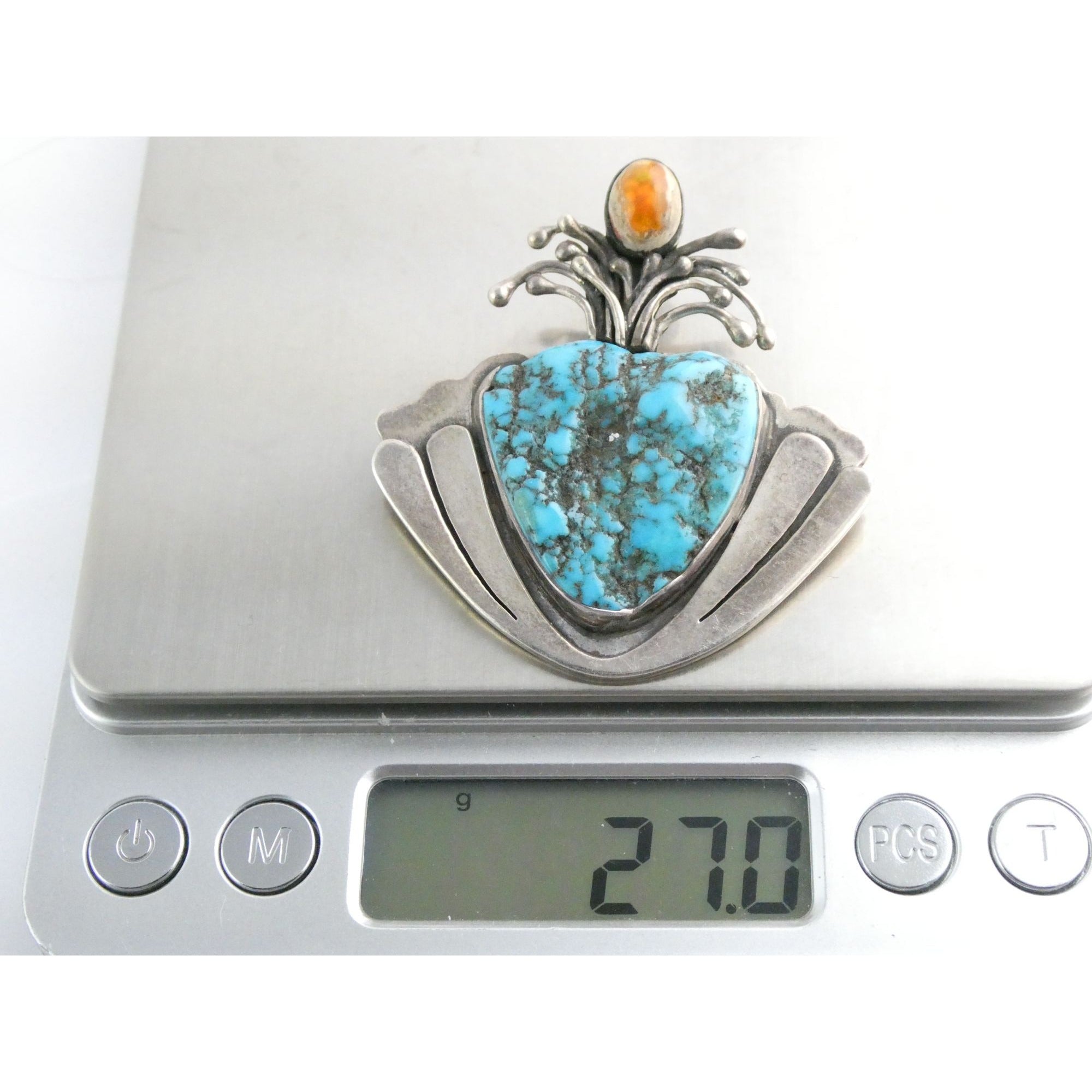 Vintage Artisan SKR Sterling Silver Mexican Fire Opal and Turquoise Brooch 27g