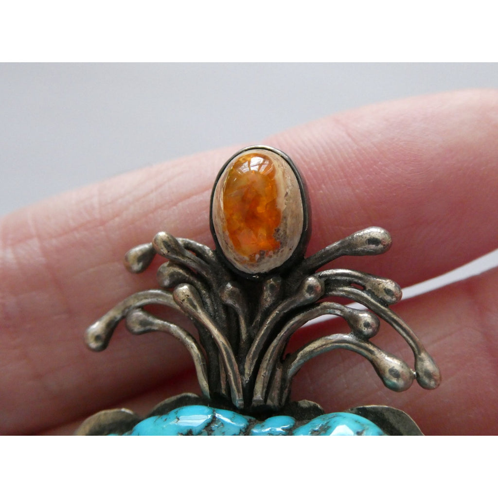 Vintage Artisan SKR Sterling Silver Mexican Fire Opal and Turquoise Brooch 27g