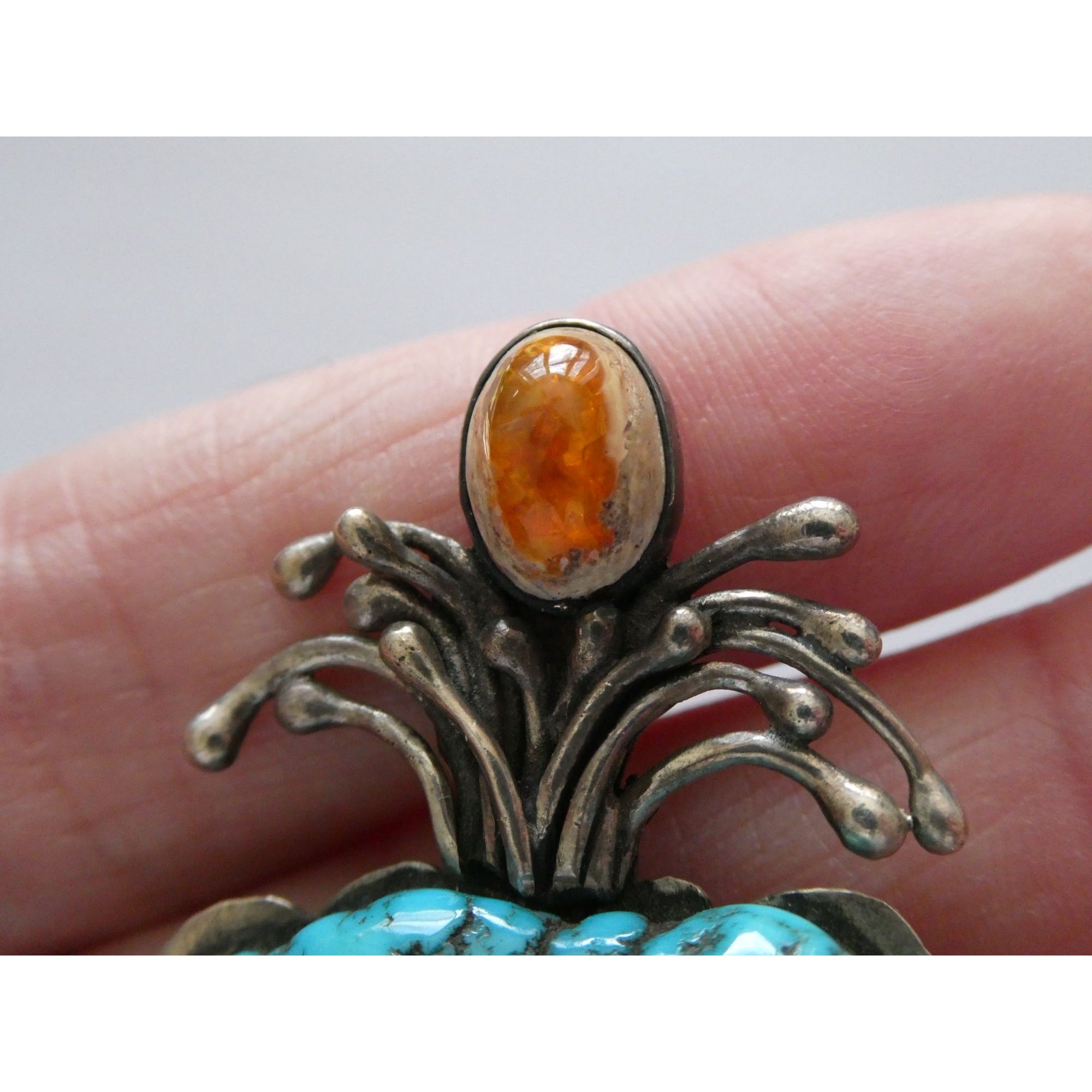 Vintage Artisan SKR Sterling Silver Mexican Fire Opal and Turquoise Brooch 27g