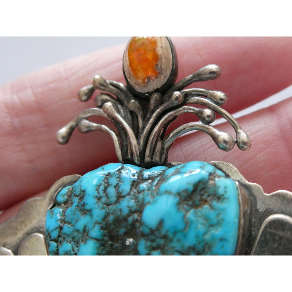 Vintage Artisan SKR Sterling Silver Mexican Fire Opal and Turquoise Brooch 27g