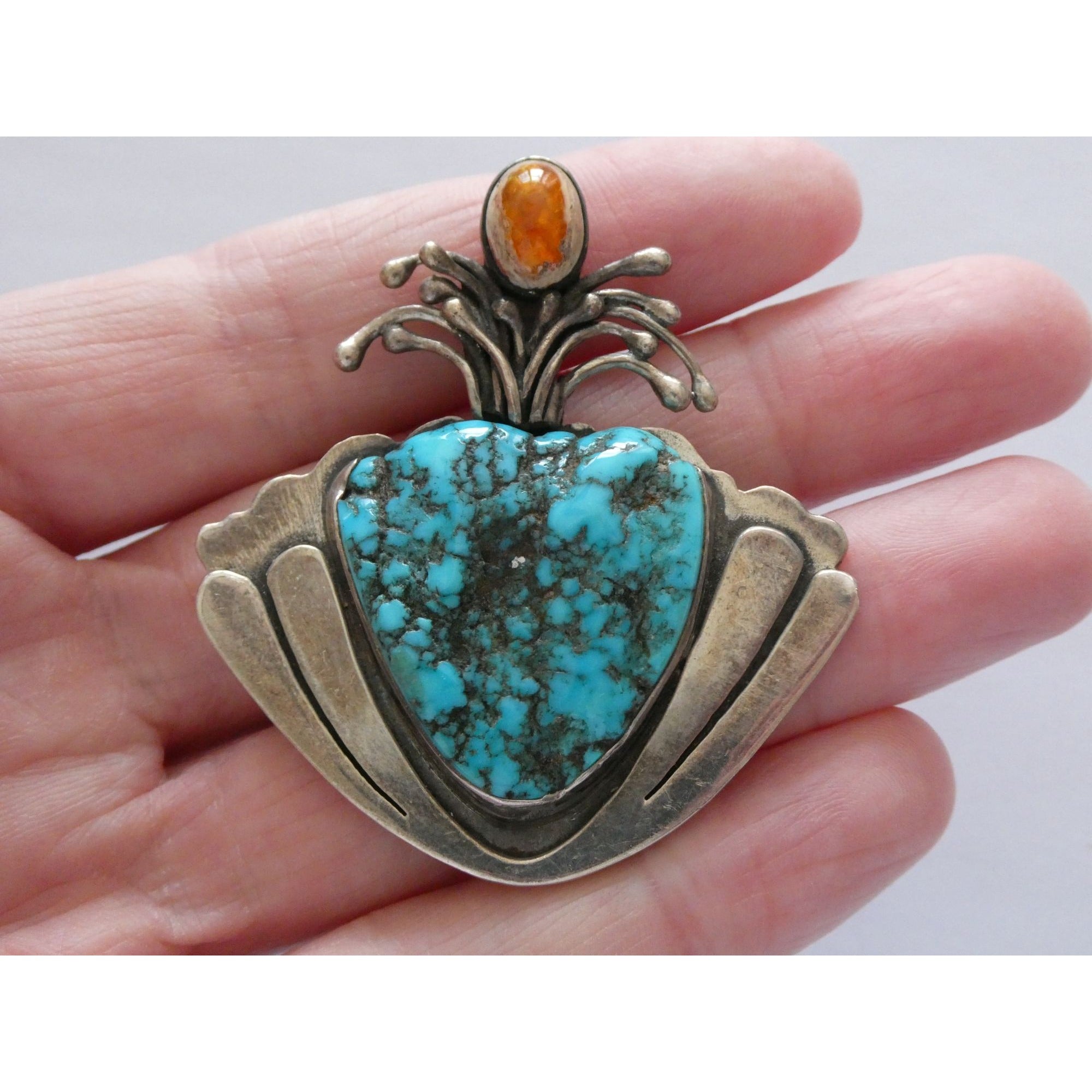 Vintage Artisan SKR Sterling Silver Mexican Fire Opal and Turquoise Brooch 27g