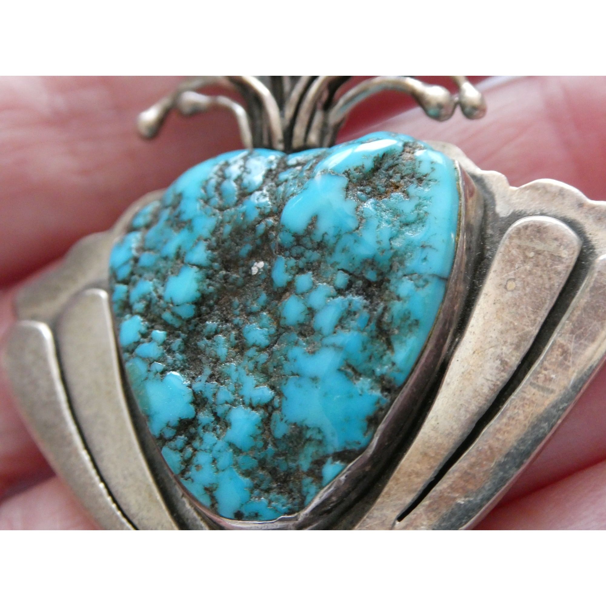 Vintage Artisan SKR Sterling Silver Mexican Fire Opal and Turquoise Brooch 27g