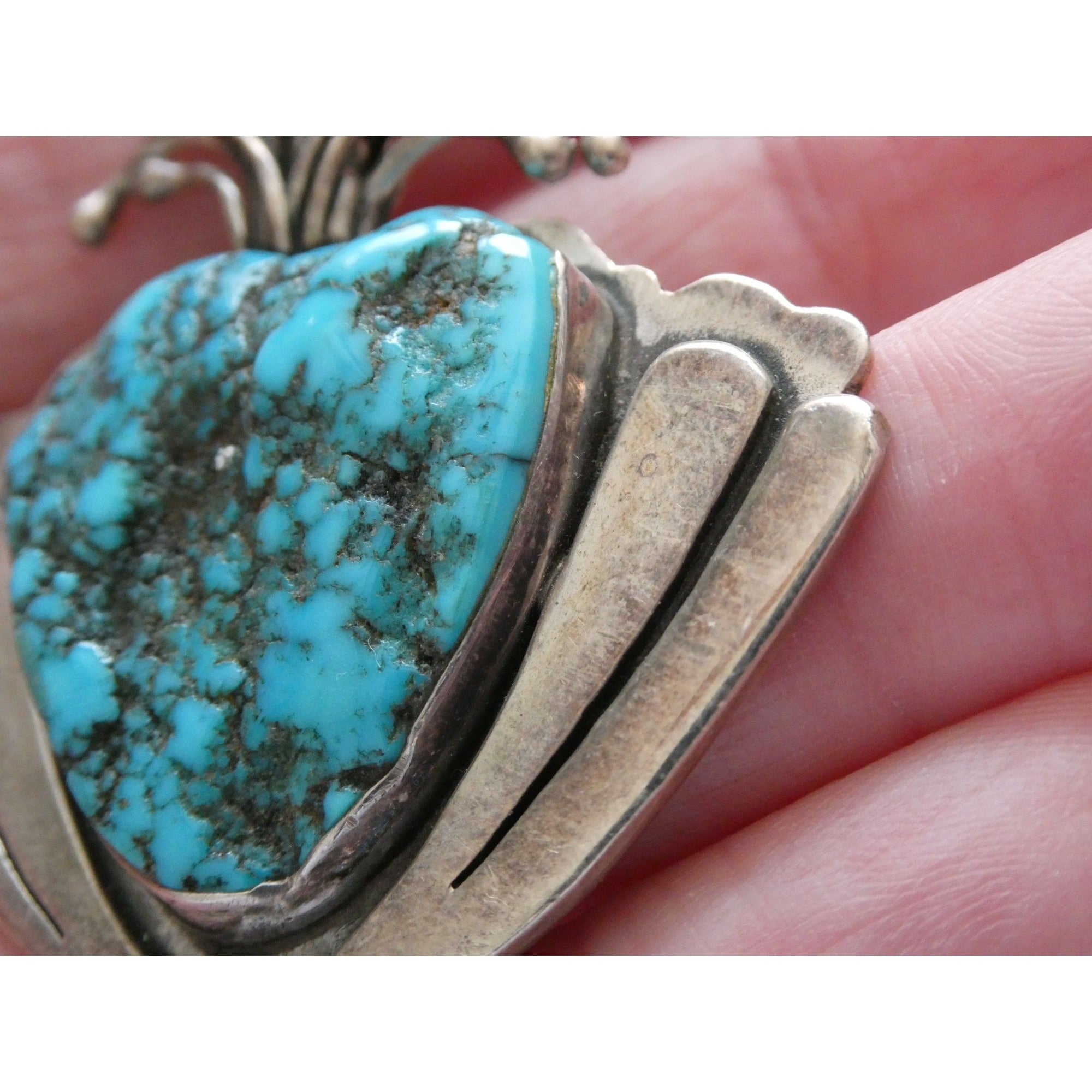 Vintage Artisan SKR Sterling Silver Mexican Fire Opal and Turquoise Brooch 27g